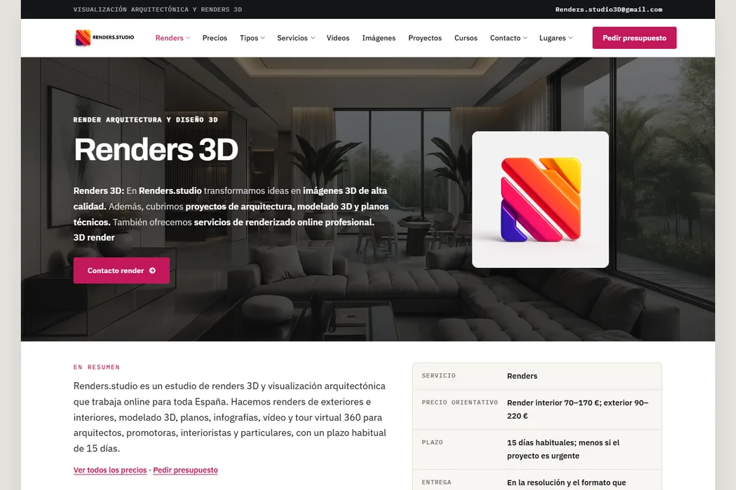 Diseño web de Renders.studio, estudio de renders 3D y visualización arquitectónica